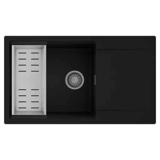 HD Onyx Black 86-XL egymedencés mosogatótálca szett, acél csepegtetőkosárral, csepegtetőtálcával, matt fekete színben, szálcsiszolt króm leeresztő szifonnal