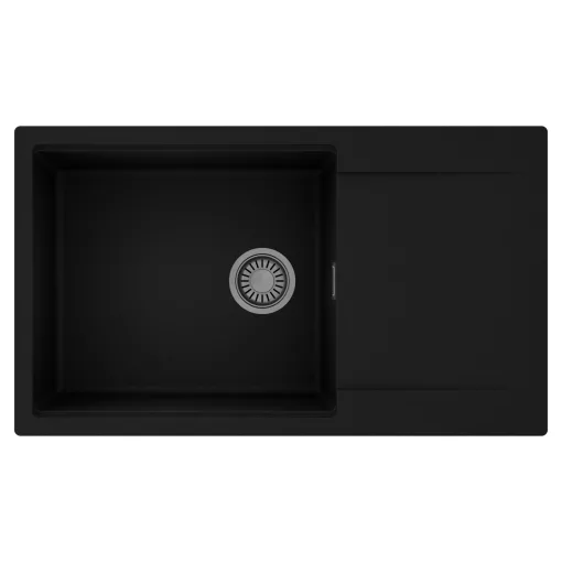 HD Onyx Black 86-XL egymedencés mosogatótálca, csepegtetőtálcával, matt fekete színben, szálcsiszolt króm leeresztő szifonnal