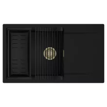 HD Onyx Black 86-XL egymedencés mosogatótálca szett, matt fekete csepegtetőráccsal és kosárral, csepegtetőtálcával, matt fekete színben, szálcsiszolt arany leeresztő szifonnal