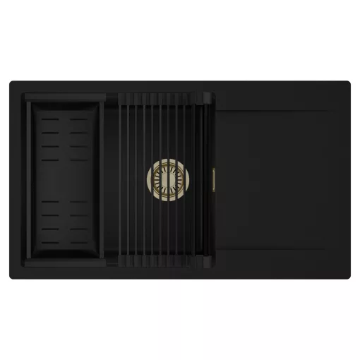 HD Onyx Black 86-XL egymedencés mosogatótálca szett, matt fekete csepegtetőráccsal és kosárral, csepegtetőtálcával, matt fekete színben, szálcsiszolt arany leeresztő szifonnal