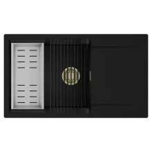 HD Onyx Black 86-XL egymedencés mosogatótálca szett, matt fekete csepegtetőráccsal és krómozott kosárral, csepegtetőtálcával, matt fekete színben, szálcsiszolt arany leeresztő szifonnal