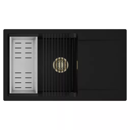 HD Onyx Black 86-XL egymedencés mosogatótálca szett, matt fekete csepegtetőráccsal és krómozott kosárral, csepegtetőtálcával, matt fekete színben, szálcsiszolt arany leeresztő szifonnal