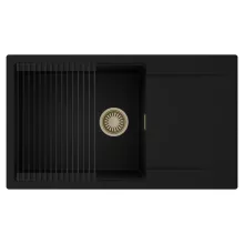 HD Onyx Black 86-XL egymedencés mosogatótálca szett, matt fekete csepegtetőráccsal, csepegtetőtálcával, matt fekete színben, szálcsiszolt arany leeresztő szifonnal