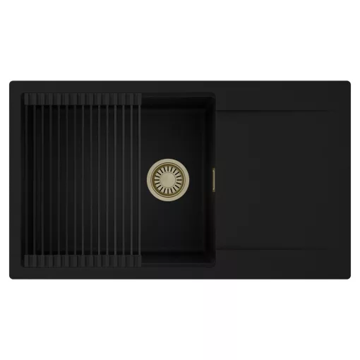 HD Onyx Black 86-XL egymedencés mosogatótálca szett, matt fekete csepegtetőráccsal, csepegtetőtálcával, matt fekete színben, szálcsiszolt arany leeresztő szifonnal