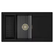 HD Onyx Black 86-XL egymedencés mosogatótálca szett, acél csepegtetőráccsal és matt fekete kosárral, csepegtetőtálcával, matt fekete színben, szálcsiszolt arany leeresztő szifonnal