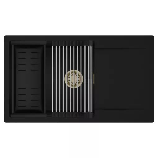 HD Onyx Black 86-XL egymedencés mosogatótálca szett, acél csepegtetőráccsal és matt fekete kosárral, csepegtetőtálcával, matt fekete színben, szálcsiszolt arany leeresztő szifonnal