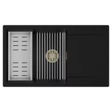 HD Onyx Black 86-XL egymedencés mosogatótálca szett, acél csepegtetőráccsal és kosárral, csepegtetőtálcával, matt fekete színben, szálcsiszolt arany leeresztő szifonnal