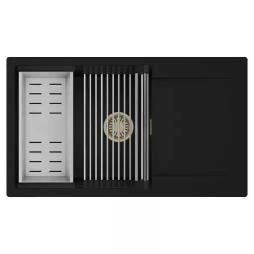 HD Onyx Black 86-XL egymedencés mosogatótálca szett, acél csepegtetőráccsal és kosárral, csepegtetőtálcával, matt fekete színben, szálcsiszolt arany leeresztő szifonnal