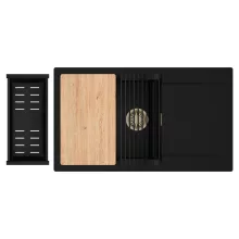 HD Onyx Black 86-XL egymedencés gránit mosogatótálca szett, csepegtetőtálcával, vágódeszkával, matt fekete csepegtetőráccsal és kosárral, matt fekete színben, szálcsiszolt arany leeresztő szifonnal