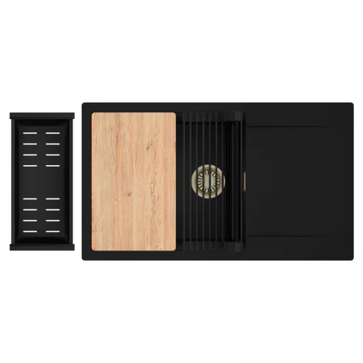 HD Onyx Black 86-XL egymedencés gránit mosogatótálca szett, csepegtetőtálcával, vágódeszkával, matt fekete csepegtetőráccsal és kosárral, matt fekete színben, szálcsiszolt arany leeresztő szifonnal