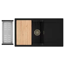 HD Onyx Black 86-XL egymedencés gránit mosogatótálca szett, csepegtetőtálcával, vágódeszkával, matt fekete csepegtetőráccsal és krómozott kosárral, matt fekete színben, szálcsiszolt arany leeresztő szifonnal