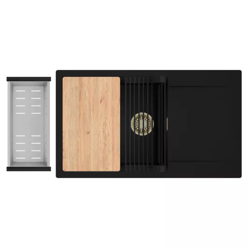 HD Onyx Black 86-XL egymedencés gránit mosogatótálca szett, csepegtetőtálcával, vágódeszkával, matt fekete csepegtetőráccsal és krómozott kosárral, matt fekete színben, szálcsiszolt arany leeresztő szifonnal