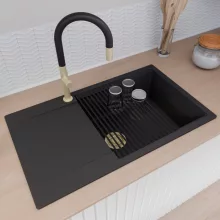 HD Onyx Black 86-XL egymedencés gránit mosogatótálca szett, csepegtetőtálcával, vágódeszkával, matt fekete csepegtetőráccsal és krómozott kosárral, matt fekete színben, szálcsiszolt arany leeresztő szifonnal