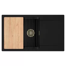 HD Onyx Black 86-XL egymedencés gránit mosogatótálca szett, csepegtetőtálcával, vágódeszkával, matt fekete csepegtetőráccsal, matt fekete színben, szálcsiszolt arany leeresztő szifonnal