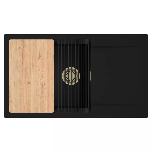 HD Onyx Black 86-XL egymedencés gránit mosogatótálca szett, csepegtetőtálcával, vágódeszkával, matt fekete csepegtetőráccsal, matt fekete színben, szálcsiszolt arany leeresztő szifonnal