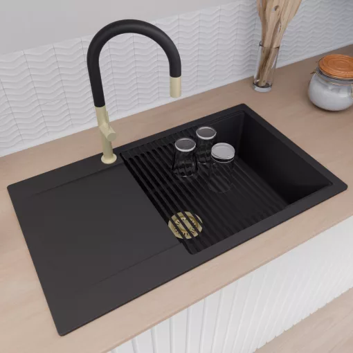 HD Onyx Black 86-XL egymedencés gránit mosogatótálca szett, csepegtetőtálcával, vágódeszkával, matt fekete csepegtetőráccsal, matt fekete színben, szálcsiszolt arany leeresztő szifonnal