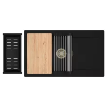 HD Onyx Black 86-XL egymedencés gránit mosogatótálca szett, csepegtetőtálcával, vágódeszkával, acél csepegtetőráccsal és matt fekete kosárral, matt fekete színben, szálcsiszolt arany leeresztő szifonnal