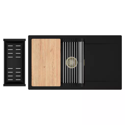 HD Onyx Black 86-XL egymedencés gránit mosogatótálca szett, csepegtetőtálcával, vágódeszkával, acél csepegtetőráccsal és matt fekete kosárral, matt fekete színben, szálcsiszolt arany leeresztő szifonnal