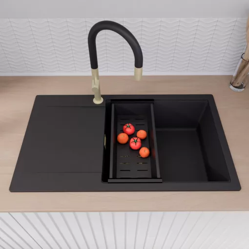 HD Onyx Black 86-XL egymedencés gránit mosogatótálca szett, csepegtetőtálcával, vágódeszkával, acél csepegtetőráccsal és matt fekete kosárral, matt fekete színben, szálcsiszolt arany leeresztő szifonnal