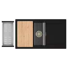 HD Onyx Black 86-XL egymedencés gránit mosogatótálca szett, csepegtetőtálcával, vágódeszkával, acél csepegtetőráccsal és kosárral, matt fekete színben, szálcsiszolt arany leeresztő szifonnal