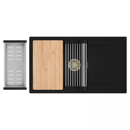 HD Onyx Black 86-XL egymedencés gránit mosogatótálca szett, csepegtetőtálcával, vágódeszkával, acél csepegtetőráccsal és kosárral, matt fekete színben, szálcsiszolt arany leeresztő szifonnal