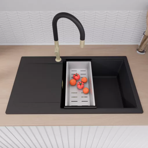 HD Onyx Black 86-XL egymedencés gránit mosogatótálca szett, csepegtetőtálcával, vágódeszkával, acél csepegtetőráccsal és kosárral, matt fekete színben, szálcsiszolt arany leeresztő szifonnal