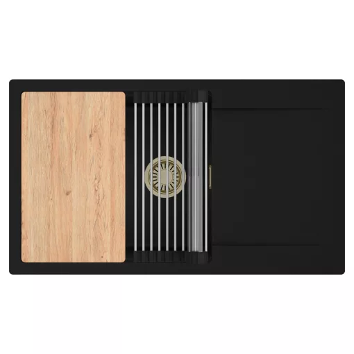 HD Onyx Black 86-XL egymedencés gránit mosogatótálca szett, csepegtetőtálcával, vágódeszkával, acél csepegtetőráccsal, matt fekete színben, szálcsiszolt arany leeresztő szifonnal