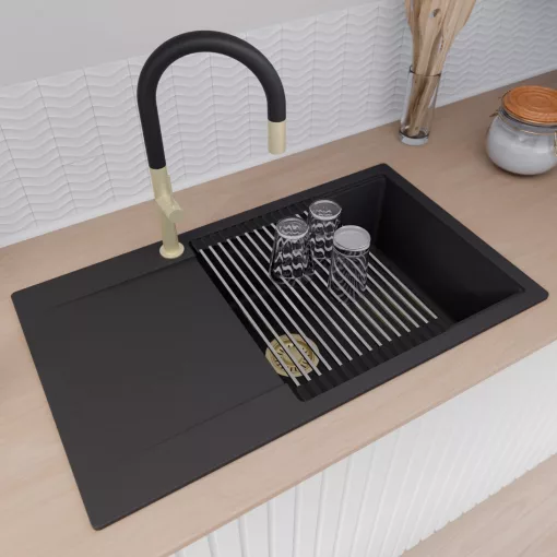 HD Onyx Black 86-XL egymedencés gránit mosogatótálca szett, csepegtetőtálcával, vágódeszkával, acél csepegtetőráccsal, matt fekete színben, szálcsiszolt arany leeresztő szifonnal