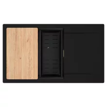 HD Onyx Black 86-XL egymedencés gránit mosogatótálca szett, csepegtetőtálcával, vágódeszkával, matt fekete csepegtetőkosárral, matt fekete színben, szálcsiszolt arany leeresztő szifonnal