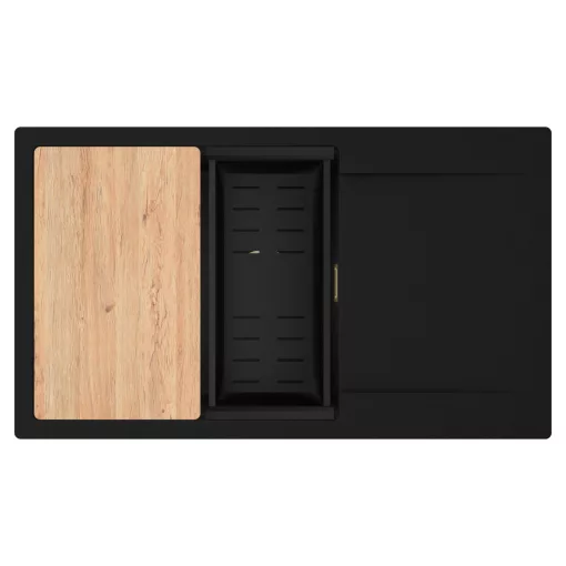 HD Onyx Black 86-XL egymedencés gránit mosogatótálca szett, csepegtetőtálcával, vágódeszkával, matt fekete csepegtetőkosárral, matt fekete színben, szálcsiszolt arany leeresztő szifonnal