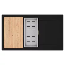 HD Onyx Black 86-XL egymedencés gránit mosogatótálca szett, csepegtetőtálcával, vágódeszkával, acél csepegtetőkosárral, matt fekete színben, szálcsiszolt arany leeresztő szifonnal