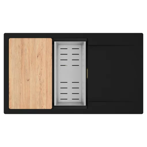 HD Onyx Black 86-XL egymedencés gránit mosogatótálca szett, csepegtetőtálcával, vágódeszkával, acél csepegtetőkosárral, matt fekete színben, szálcsiszolt arany leeresztő szifonnal