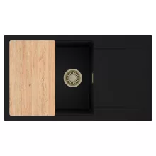 HD Onyx Black 86-XL egymedencés gránit mosogatótálca, vágódeszkával, matt fekete színben, szálcsiszolt arany leeresztő szifonnal