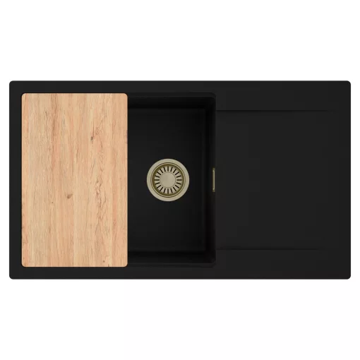 HD Onyx Black 86-XL egymedencés gránit mosogatótálca, vágódeszkával, matt fekete színben, szálcsiszolt arany leeresztő szifonnal