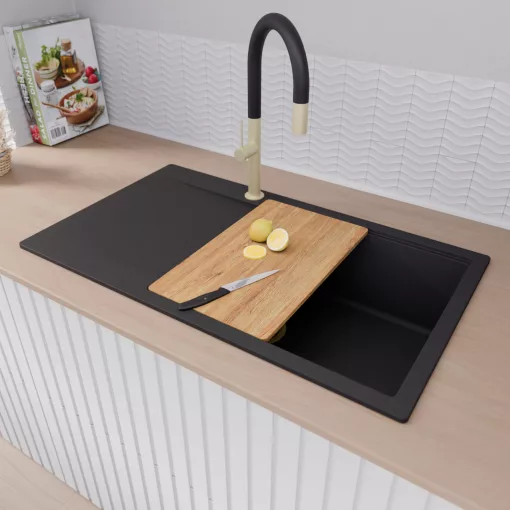 HD Onyx Black 86-XL egymedencés gránit mosogatótálca, vágódeszkával, matt fekete színben, szálcsiszolt arany leeresztő szifonnal