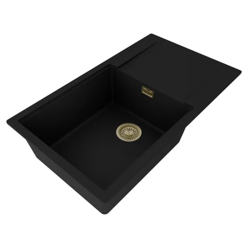 HD Onyx Black 86-XL egymedencés gránit mosogatótálca, vágódeszkával, matt fekete színben, szálcsiszolt arany leeresztő szifonnal