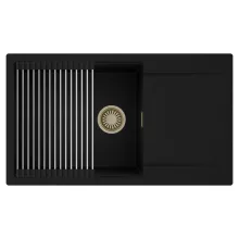 HD Onyx Black 86-XL egymedencés mosogatótálca szett, acél csepegtetőráccsal, csepegtetőtálcával, matt fekete színben, szálcsiszolt arany leeresztő szifonnal