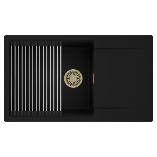 HD Onyx Black 86-XL egymedencés mosogatótálca szett, acél csepegtetőráccsal, csepegtetőtálcával, matt fekete színben, szálcsiszolt arany leeresztő szifonnal