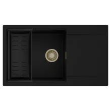 HD Onyx Black 86-XL egymedencés mosogatótálca szett, matt fekete csepegtetőkosárral, csepegtetőtálcával, matt fekete színben, szálcsiszolt arany leeresztő szifonnal