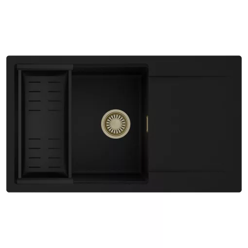 HD Onyx Black 86-XL egymedencés mosogatótálca szett, matt fekete csepegtetőkosárral, csepegtetőtálcával, matt fekete színben, szálcsiszolt arany leeresztő szifonnal