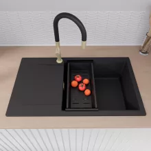 HD Onyx Black 86-XL egymedencés mosogatótálca szett, matt fekete csepegtetőkosárral, csepegtetőtálcával, matt fekete színben, szálcsiszolt arany leeresztő szifonnal