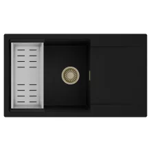 HD Onyx Black 86-XL egymedencés mosogatótálca szett, acél csepegtetőkosárral, csepegtetőtálcával, matt fekete színben, szálcsiszolt arany leeresztő szifonnal