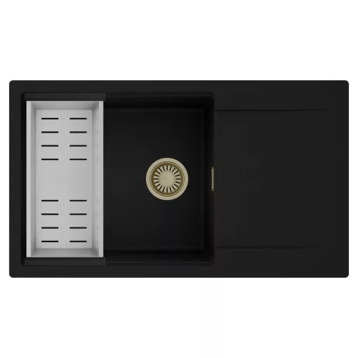 HD Onyx Black 86-XL egymedencés mosogatótálca szett, acél csepegtetőkosárral, csepegtetőtálcával, matt fekete színben, szálcsiszolt arany leeresztő szifonnal