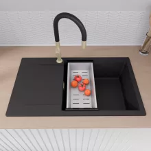 HD Onyx Black 86-XL egymedencés mosogatótálca szett, acél csepegtetőkosárral, csepegtetőtálcával, matt fekete színben, szálcsiszolt arany leeresztő szifonnal