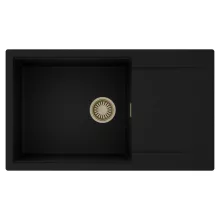 HD Onyx Black 86-XL egymedencés mosogatótálca, csepegtetőtálcával, matt fekete színben, szálcsiszolt arany leeresztő szifonnal