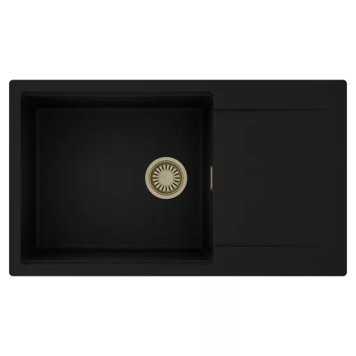 HD Onyx Black 86-XL egymedencés mosogatótálca, csepegtetőtálcával, matt fekete színben, szálcsiszolt arany leeresztő szifonnal