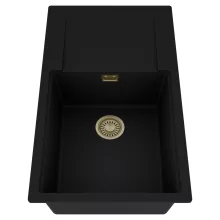 HD Onyx Black 86-XL egymedencés mosogatótálca, csepegtetőtálcával, matt fekete színben, szálcsiszolt arany leeresztő szifonnal