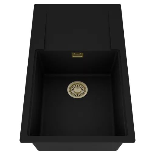 HD Onyx Black 86-XL egymedencés mosogatótálca, csepegtetőtálcával, matt fekete színben, szálcsiszolt arany leeresztő szifonnal