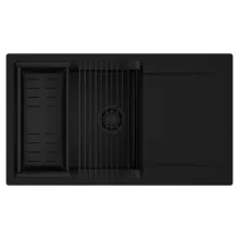 HD Onyx Black 86-XL egymedencés mosogatótálca szett, matt fekete csepegtetőráccsal és kosárral, csepegtetőtálcával, matt fekete színben, matt fekete leeresztő szifonnal