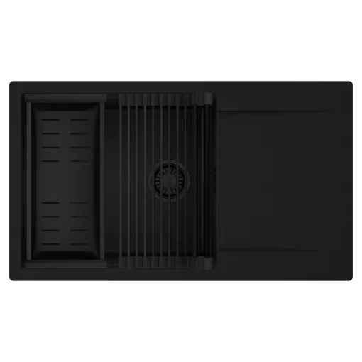 HD Onyx Black 86-XL egymedencés mosogatótálca szett, matt fekete csepegtetőráccsal és kosárral, csepegtetőtálcával, matt fekete színben, matt fekete leeresztő szifonnal